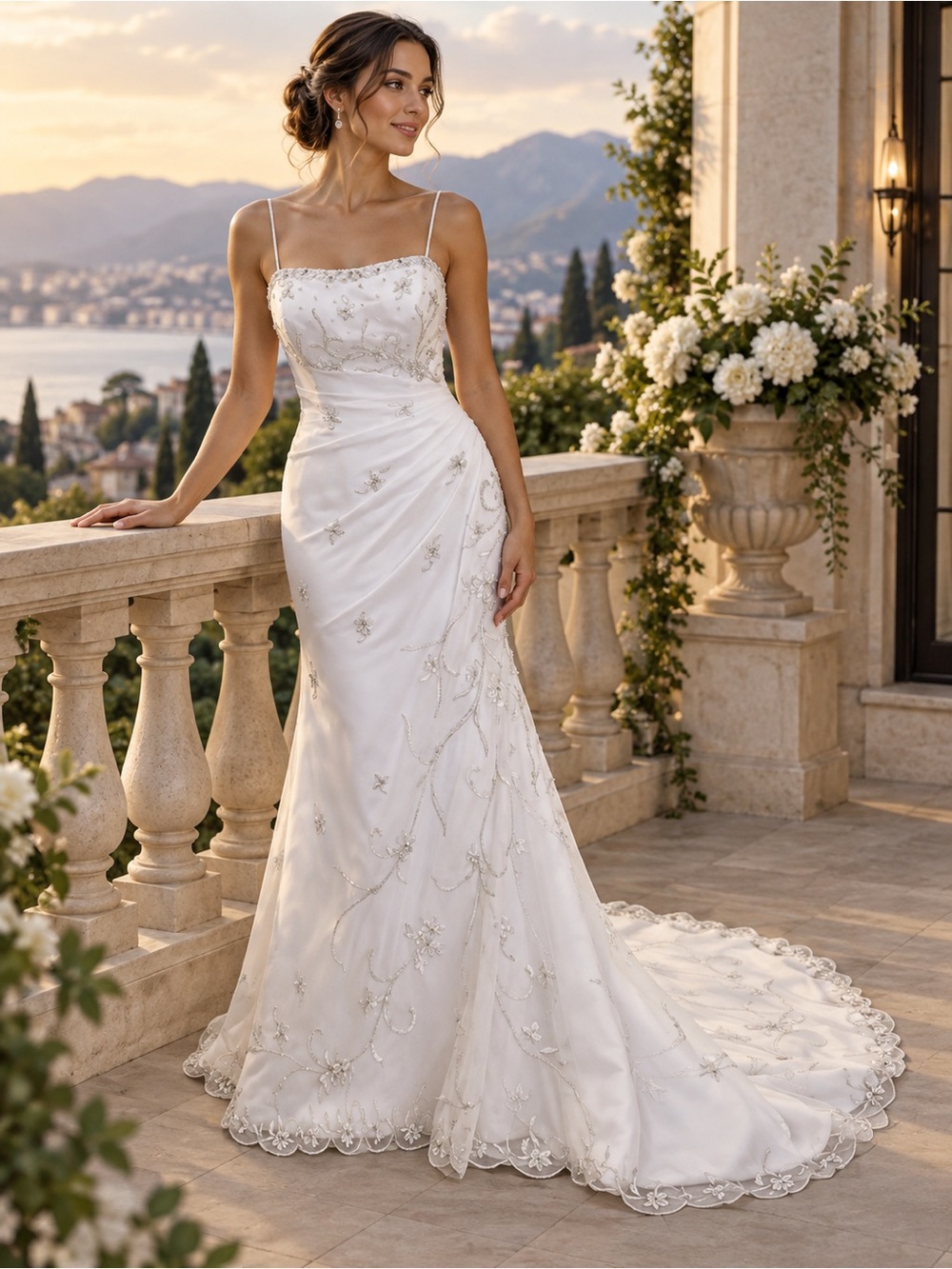 Romantic White Beaded Spaghetti-Strap Wedding Gown